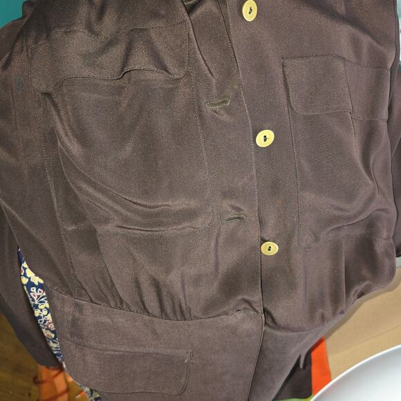 Vintage 1980's Claude Montana Blazer Blouse Brown Silk Raw Silk Button Front  8 - Picture 5 of 13